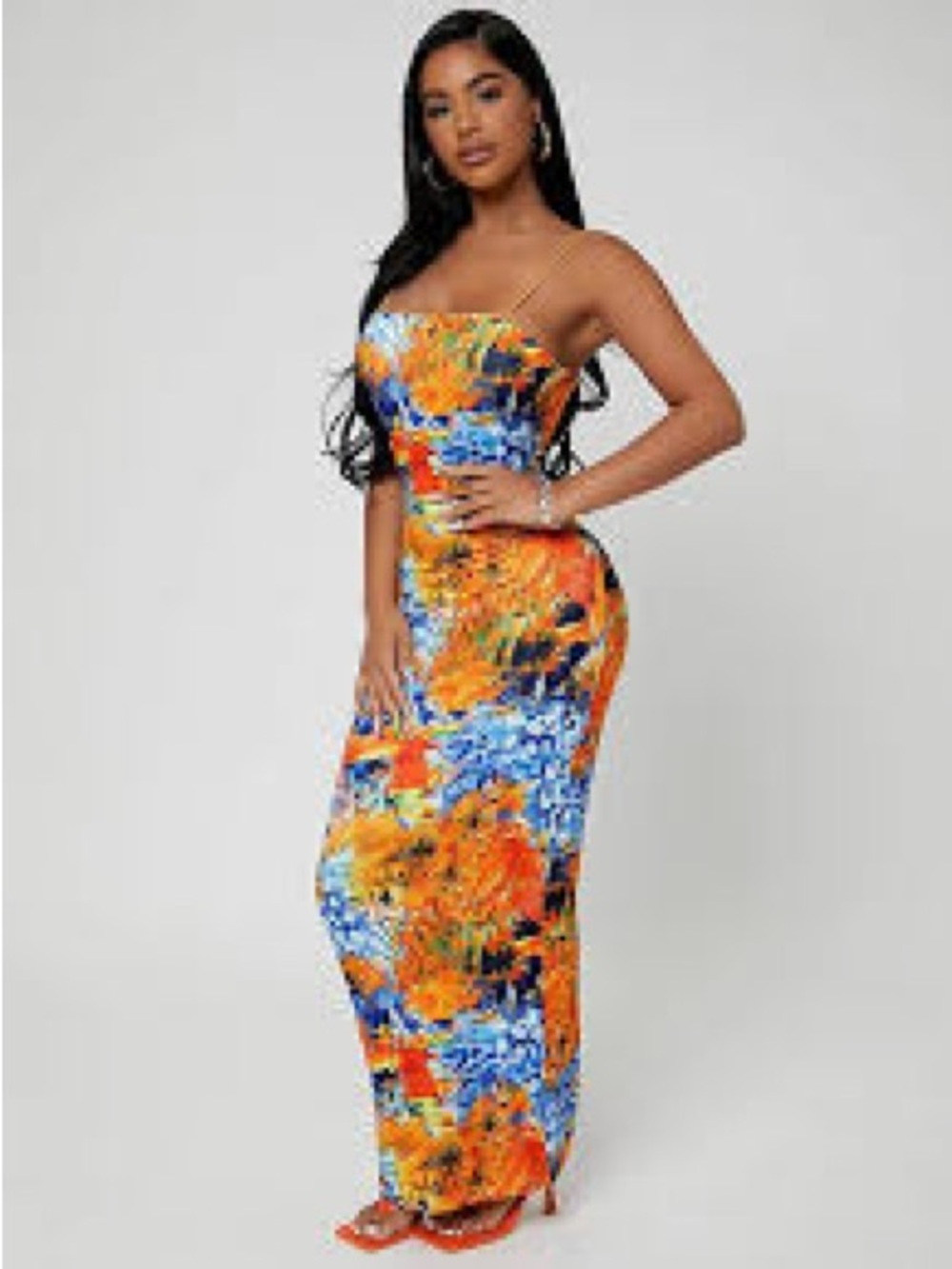 SHEIN Orange and Blue Strapless Floral Maxi Dress